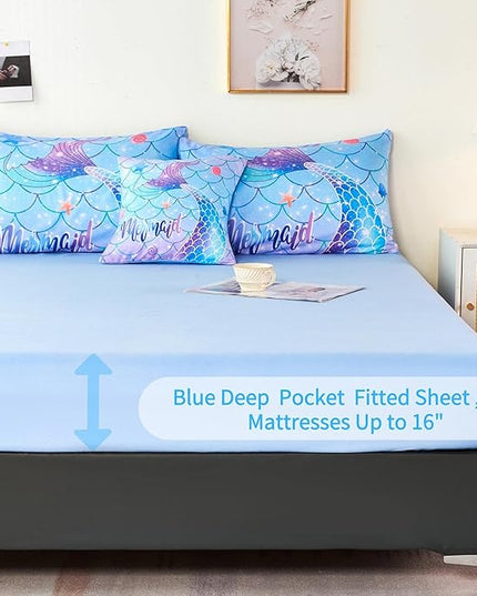 RYNGHIPY 6Pcs Mermaid Tail Comforter Set for Teens Girls Women, Mermaid Fish Scale Bed in a Bag Full Size, Sparkle Teal Purple Rainbow Bedroom Decor Bedding Set - LeafyLoom