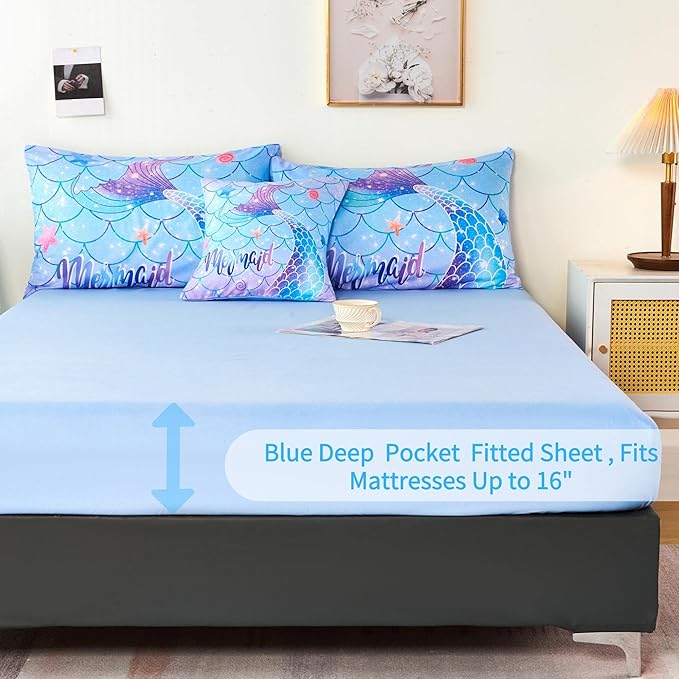 RYNGHIPY 6Pcs Mermaid Tail Comforter Set for Teens Girls Women, Mermaid Fish Scale Bed in a Bag Full Size, Sparkle Teal Purple Rainbow Bedroom Decor Bedding Set - LeafyLoom