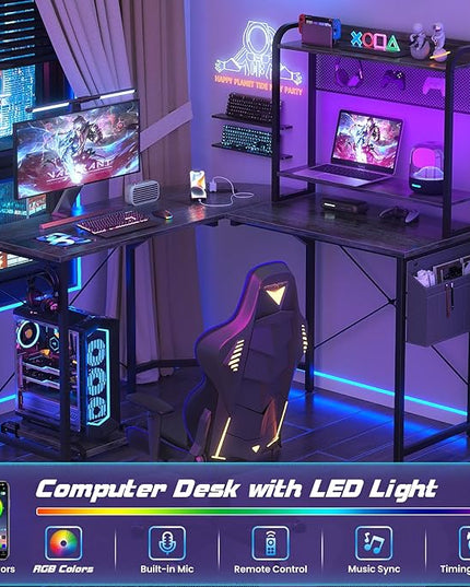 Small L Shaped Gaming Desk with Power Outlets, Corner Gaming Desk with LED Light, Reversible L-Shaped Desk with Monitor Stand & Hutch, L Shaped Desk Home Office Desk with Storage Bag, Grey - LeafyLoom