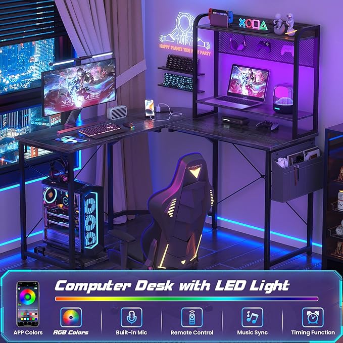 Small L Shaped Gaming Desk with Power Outlets, Corner Gaming Desk with LED Light, Reversible L-Shaped Desk with Monitor Stand & Hutch, L Shaped Desk Home Office Desk with Storage Bag, Grey - LeafyLoom