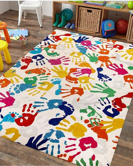 Large Colorful Kids Rug 6x9 Ft, Non-Slip Washable Rug for Classroom, Handprints and Footprints Rugs for Playroom, Soft Nursery Rug Indoor Play Mat for Kids Room Daycare School - LeafyLoom