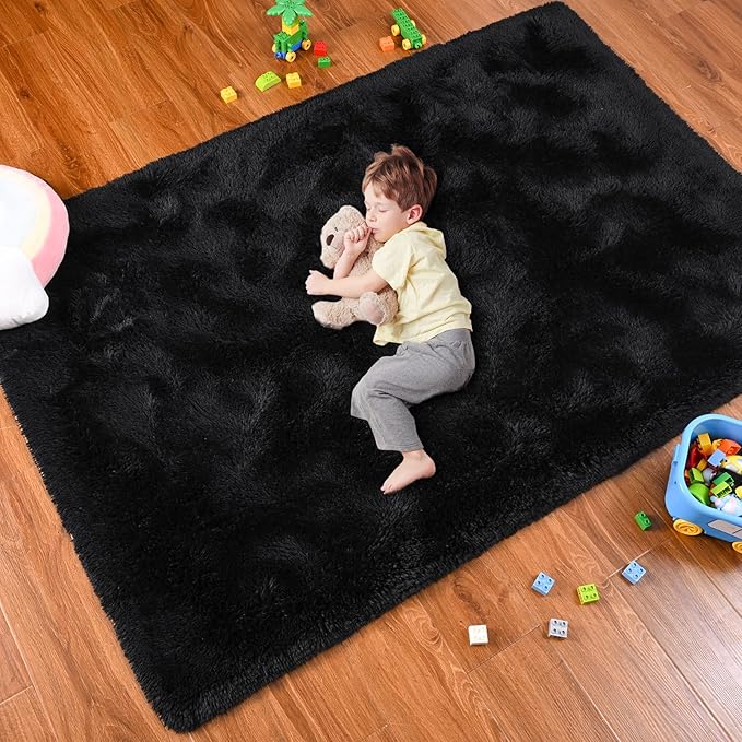 Softlife Rug for Living Room 5.3x7.6 Feet Area Rug for Bedroom Super Soft Shaggy Rugs for Kids Room Fluffy Fuzzy Carpets Long Plush Bedside Rug Nursery Christmas Home Decoration for Boys Girls, Black - LeafyLoom