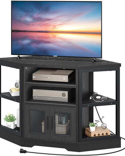 YITAHOME Corner TV Stand for TVs up to 55/50 Inch with Power Outlet, Modern Farmhouse Entertainment Center, Wood TV Media Console with Storage Cabinets Shelves for Living Room, 47" Black - LeafyLoom