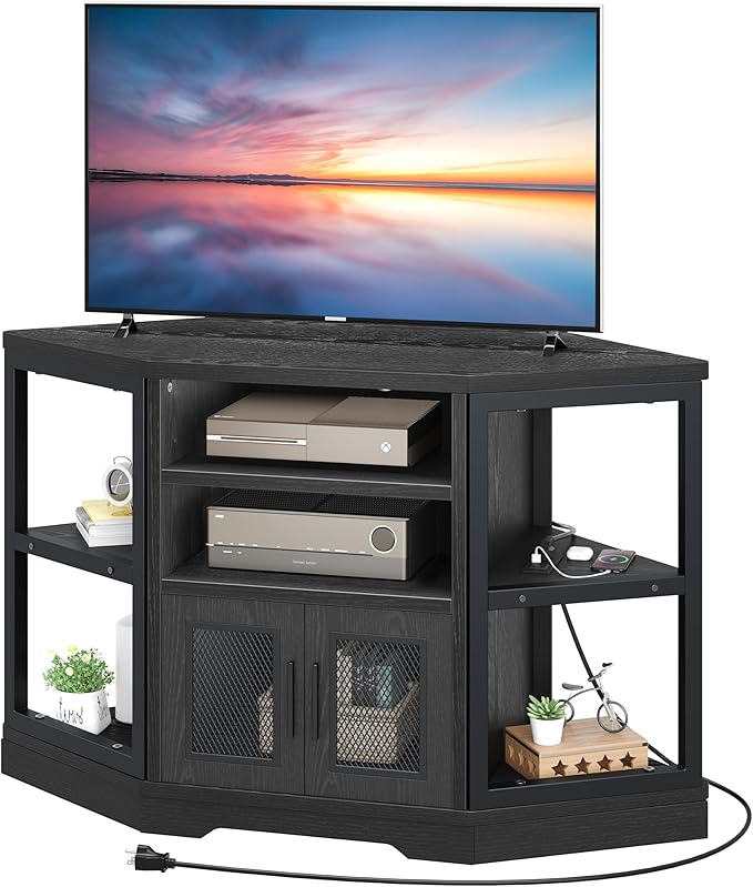 YITAHOME Corner TV Stand for TVs up to 55/50 Inch with Power Outlet, Modern Farmhouse Entertainment Center, Wood TV Media Console with Storage Cabinets Shelves for Living Room, 47" Black - LeafyLoom