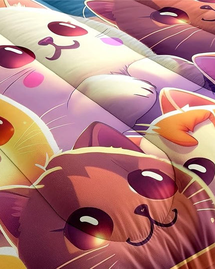 Cat Comforter Set, Cute Cat Bedding Set, Twin Size Comforter Set for Girls Cat Comforter Cartoon Cat Rainbow Printed Bedding Sets for Kids Girls Kawaii Cat Bedding Sets, 1 Comforter+1 Pillowcase - LeafyLoom