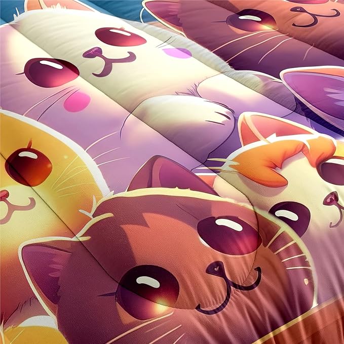 Cat Comforter Set, Cute Cat Bedding Set, Twin Size Comforter Set for Girls Cat Comforter Cartoon Cat Rainbow Printed Bedding Sets for Kids Girls Kawaii Cat Bedding Sets, 1 Comforter+1 Pillowcase - LeafyLoom
