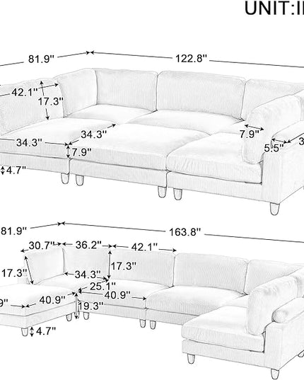Free Combination Convertible Modular Sectional Sofa with Movable Ottomans , 163'' Oversized Corduroy Upholstered Sleeper Corner Couch Sofabed with Wooden Legs and Detachable Cushions for Living Room - LeafyLoom
