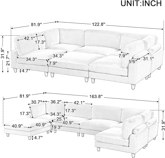 Free Combination Convertible Modular Sectional Sofa with Movable Ottomans , 163'' Oversized Corduroy Upholstered Sleeper Corner Couch Sofabed with Wooden Legs and Detachable Cushions for Living Room - LeafyLoom
