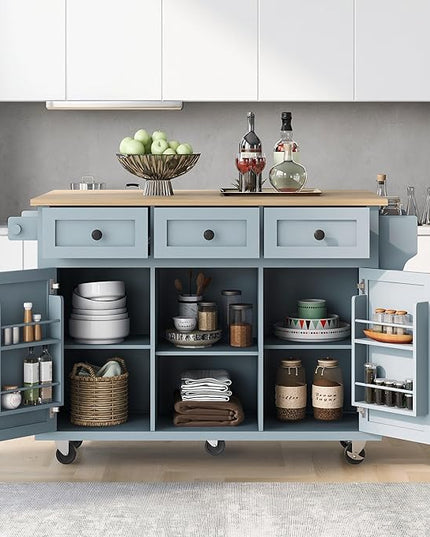 Kitchen Island with Drop-Leaf Countertop, Kitchen-Cart on Five Universal Wheels w/Open Shelves, Storage Cabinet and Three Drawers, Large Rubberwood Top Breakfast Bar for Dining Room - LeafyLoom
