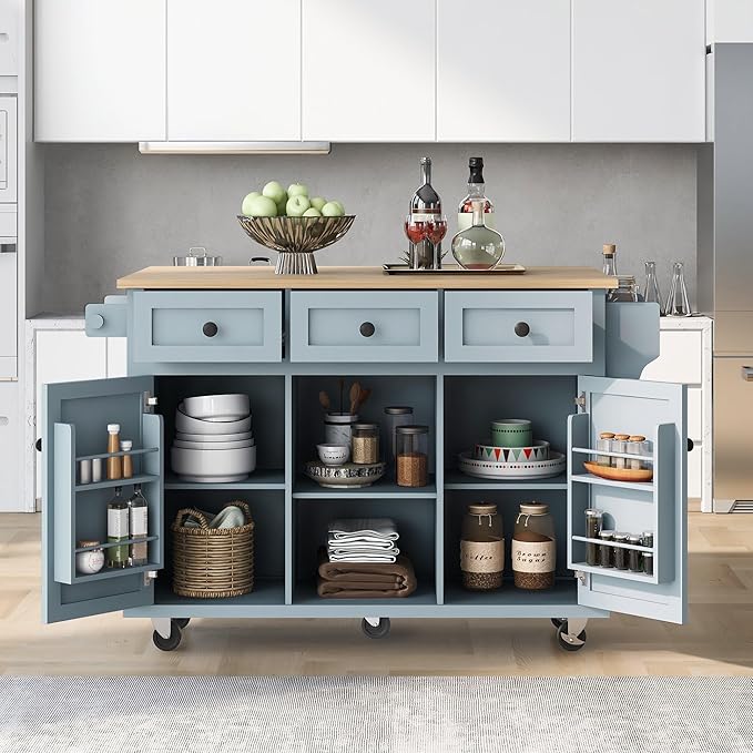 Kitchen Island with Drop-Leaf Countertop, Kitchen-Cart on Five Universal Wheels w/Open Shelves, Storage Cabinet and Three Drawers, Large Rubberwood Top Breakfast Bar for Dining Room - LeafyLoom