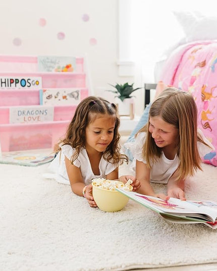 Wildkin Kids Canvas Sling Bookshelf for Boys and Girls, Wooden Design Features Four Fabric Shelves, Keep Bedrooms, Playrooms, and Classrooms Organized, Measures 25 x 24 x 11 Inches (White w/ Pink) - LeafyLoom