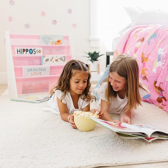 Wildkin Kids Canvas Sling Bookshelf for Boys and Girls, Wooden Design Features Four Fabric Shelves, Keep Bedrooms, Playrooms, and Classrooms Organized, Measures 25 x 24 x 11 Inches (White w/ Pink) - LeafyLoom