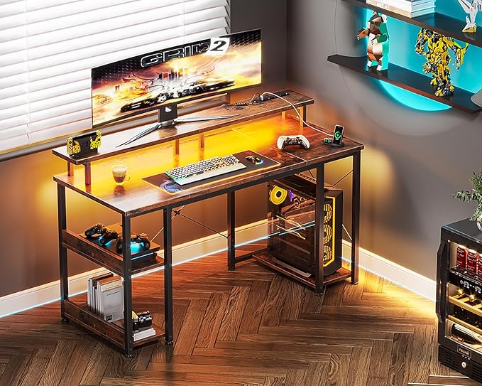 ODK 48 inch Gaming Desk with LED Lights & Power Outlets, Computer Desk with Monitor Stand & Storage Sheves, CPU Stand, Home Office Desk, Vintage - LeafyLoom