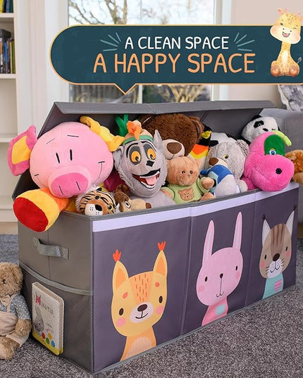 Extra Large Toy Storage Organizer with Lid - Sturdy, Collapsible Toy Chest Storage Box with Cute Design - Toys Bin with Dividers for Kids, Boys, Girls, Nursery, Bedroom, Play room 37"x16"x14" - LeafyLoom