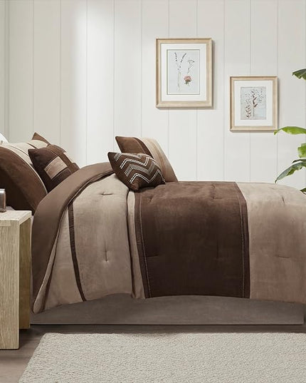 Madison Park Palisades Comforter Set Modern Faux Suede Pieced Stripe Design, All Season Down Alternative Cozy Bedding with Matching Shams, Decorative Pillows, Queen(90"x90"), Brown 7 Piece - LeafyLoom