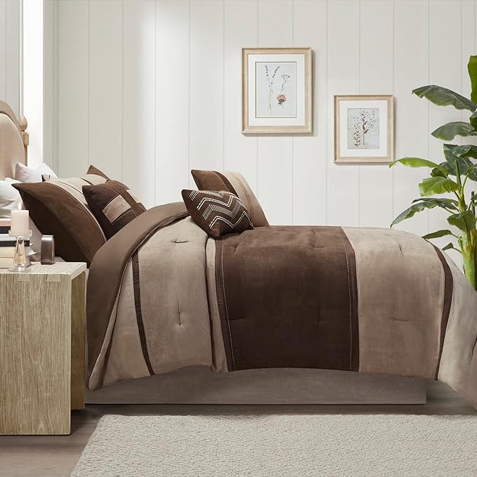 Madison Park Palisades Comforter Set Modern Faux Suede Pieced Stripe Design, All Season Down Alternative Cozy Bedding with Matching Shams, Decorative Pillows, Queen(90"x90"), Brown 7 Piece - LeafyLoom