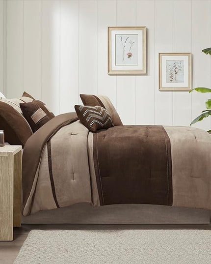 Madison Park Palisades Comforter Set Modern Faux Suede Pieced Stripe Design, All Season Down Alternative Cozy Bedding with Matching Shams, Decorative Pillows, Cal King(104"x92"), Brown 7 Piece - LeafyLoom