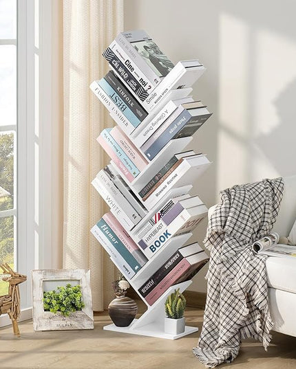 10 Tier Tree Book Shelf, Floor Standing Wood Bookshelf for Narrow Space, Storage Organizer Bookshelves for Books/CDs/Magazine, Bookcase with Shelves for Home Office, Living Room - White - LeafyLoom