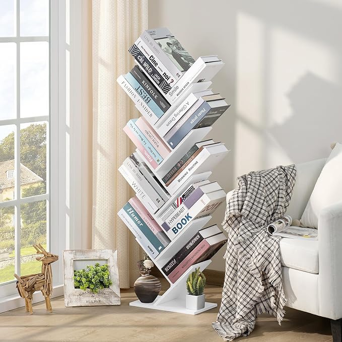 10 Tier Tree Book Shelf, Floor Standing Wood Bookshelf for Narrow Space, Storage Organizer Bookshelves for Books/CDs/Magazine, Bookcase with Shelves for Home Office, Living Room - White - LeafyLoom