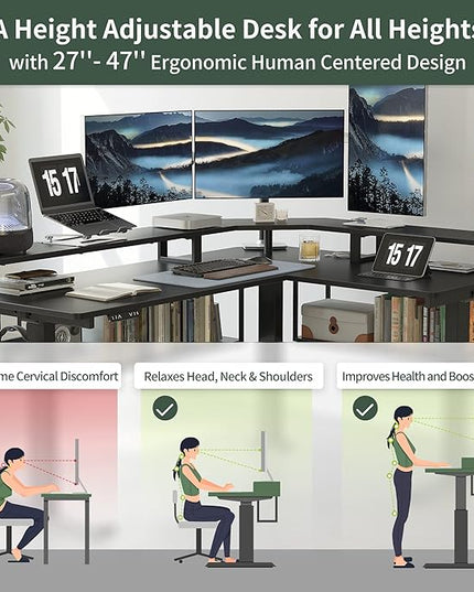 FEZIBO 63Inch L Shaped Standing Desk with Shelves, Large Storage Adjustable Desk with Triple Motors,Corner Desk Double Shelves with Light Strip, Black - LeafyLoom