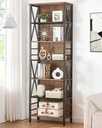 HOMISSUE Bookshelf, 7-Tier Bookshelf, Rustic Wood Metal Bookshelves and Bookcases, Freestanding Open Bookshelf, Industrial Tall Bookcase for Home Office, Living Room and Bedroom, Vintage Brown - LeafyLoom