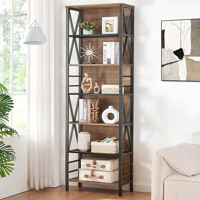 HOMISSUE Bookshelf, 7-Tier Bookshelf, Rustic Wood Metal Bookshelves and Bookcases, Freestanding Open Bookshelf, Industrial Tall Bookcase for Home Office, Living Room and Bedroom, Vintage Brown - LeafyLoom