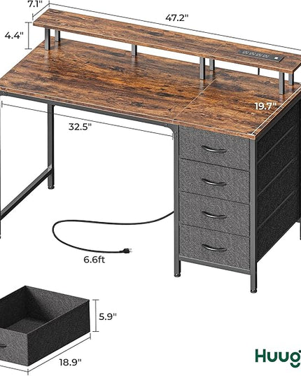 47 Inch Computer Desk with Power Outlets and LED Lights, Gaming Desk with 4 Drawers, Office Desk with Monitor Stand, Study Desk Work Desk for Home Office, Small Spaces, Rustic Brown - LeafyLoom