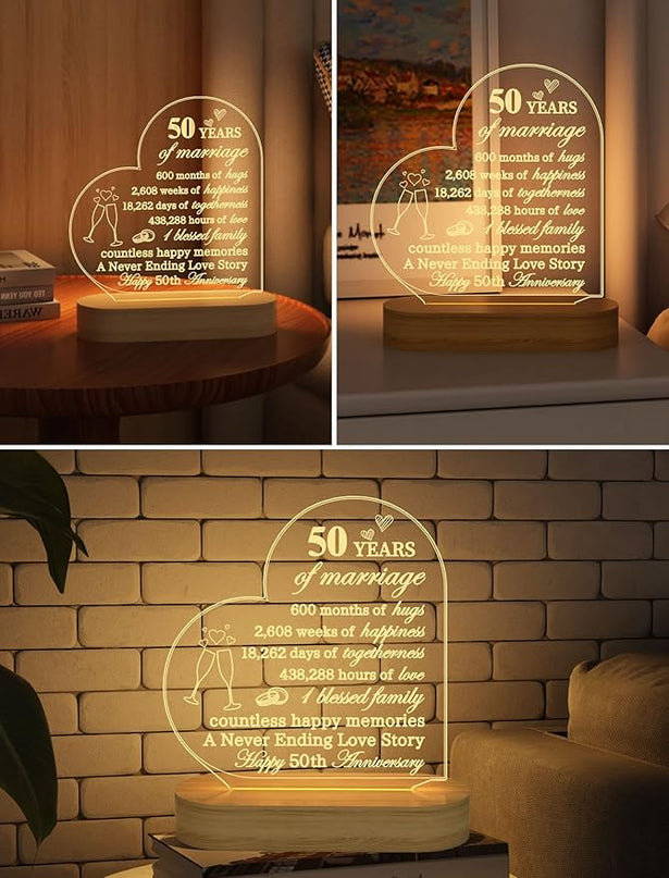 FULLOSUN Anniversary Wedding Gifts for Him/Her, I Love You Night Light 3D Illusion Lamp for Couple Wife Husband Romantic Valentines Wedding Day Present (50th) - LeafyLoom