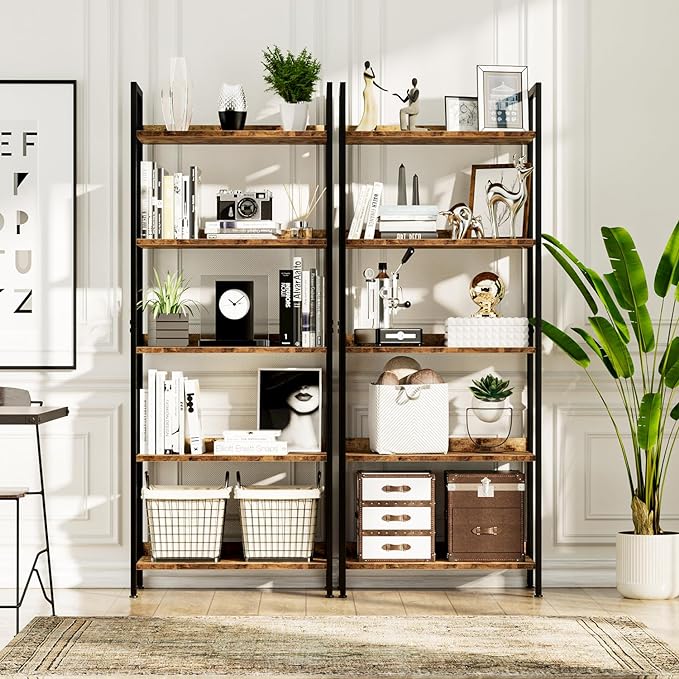 NUMENN Bookshelf, 5 Tier Bookshelves, Home Office Bookcase Shelf Storage Organizer, Free Standing Storage Shelving Unit for Bedroom, Living Room and Home Office, Vintage - LeafyLoom