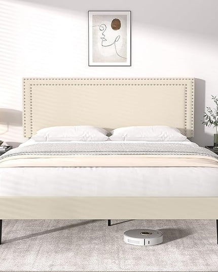 VECELO Queen Size Platform Bed Frame with Height Adjustable Upholstered Headboard, Modern Mattress Foundation,Strong Wood Slat Support, No Box Spring Needed, Easy Assembly - LeafyLoom