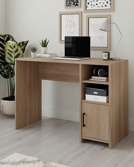 Sauder Beginnings Bookcase with Doors, L: 24.65" x W: 11.65" x H: 71.14", Summer Oak Finish & Beginnings Desk, L: 40.39" x W: 17.48" x H: 28.82", Summer Oak Finish - LeafyLoom
