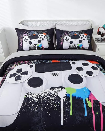 KAKKI 5 Piece Boys Full Gamer Comforter Set with Sheets, 3D Colorful Video Game Controller Comforter for Kids Teen, All Season Soft Microfiber Gaming Bedding Set(White,Full) - LeafyLoom