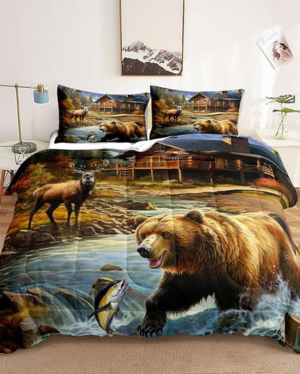 LUVIVIHOME 2PCS Deer Bear Comforter Set Twin Size, Rustic Cabin Bedding, Lake House Country Farmhouse Lodge Wildlife Forest Animal Fish Mallard Duck Hunting Bedroom Decor, Soft Quilt, 1 Pillow Sham - LeafyLoom