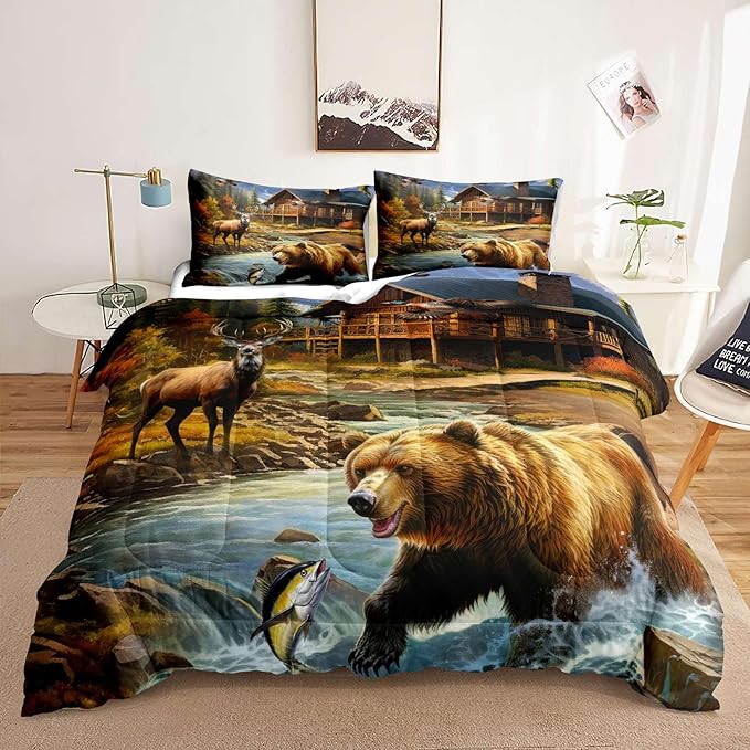 LUVIVIHOME 3PCS Deer Bear Comforter Set Full Size, Rustic Cabin Bedding, Lake House Country Farmhouse Lodge Wildlife Forest Animal Fish Mallard Duck Hunting Bedroom Decor, Soft Quilt, 2 Pillow Shams - LeafyLoom