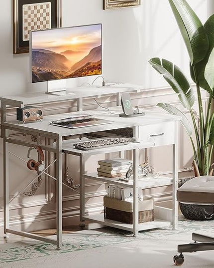AODK Small Computer Desk with Keyboard Tray, 40 Inch Office Desk with Power Outlet, Work Desk with Drawer, Reversible Desk with Adjustable Monitor Shelf and Storage Shelf for Home, White - LeafyLoom