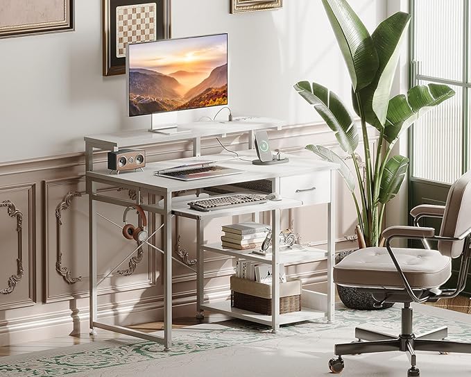 AODK Small Computer Desk with Keyboard Tray, 40 Inch Office Desk with Power Outlet, Work Desk with Drawer, Reversible Desk with Adjustable Monitor Shelf and Storage Shelf for Home, White - LeafyLoom