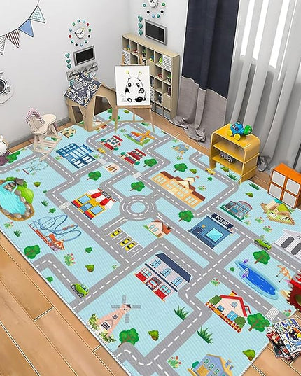 Kids Car Rug, 5' 3" x8' City Life Traffic Road Playmat for Toy Cars Trains, Non-Slip Race Track Carpet Educational Fun Area Rugs for Boy and Girl Bedroom Nursery - LeafyLoom