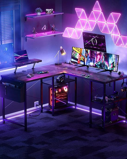 Aheaplus L Shaped Desk with Outlet and USB Charging Ports, L-Shaped Desk with Storage Shelves Reversible Corner Computer Desk 2 Person Long Table with Monitor Stand Gaming Home Office Desk, Oak - LeafyLoom