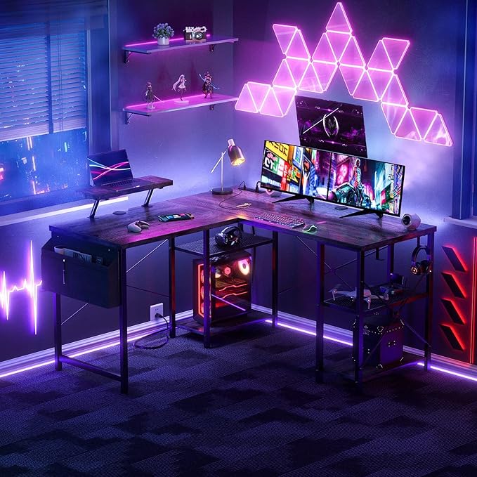 Aheaplus L Shaped Desk with Outlet and USB Charging Ports, L-Shaped Desk with Storage Shelves Reversible Corner Computer Desk 2 Person Long Table with Monitor Stand Gaming Home Office Desk, Oak - LeafyLoom