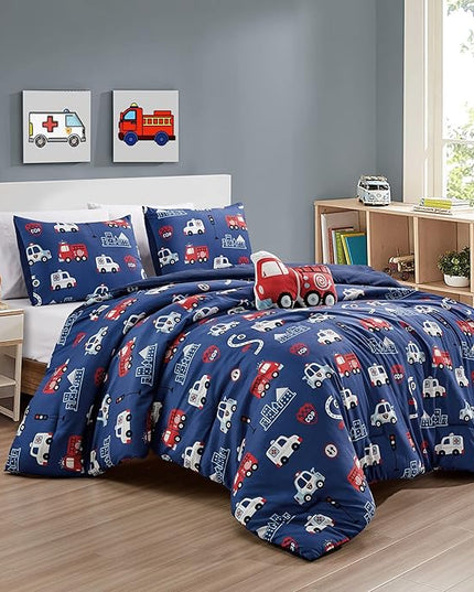 for Kids Fire Turck 4-Piece Comforter Set - Beautiful Motif Design Bedding Set with Embrodery Print - LeafyLoom
