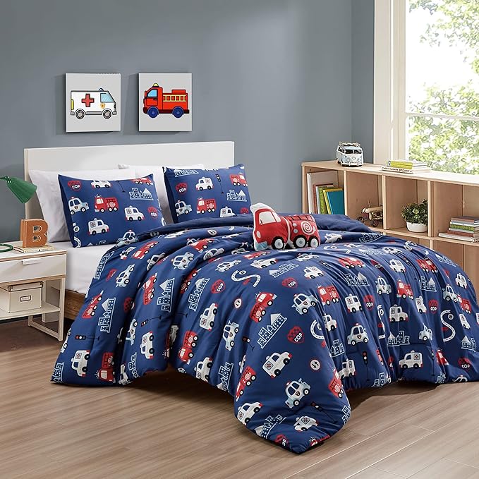 for Kids Fire Turck 4-Piece Comforter Set - Beautiful Motif Design Bedding Set with Embrodery Print - LeafyLoom