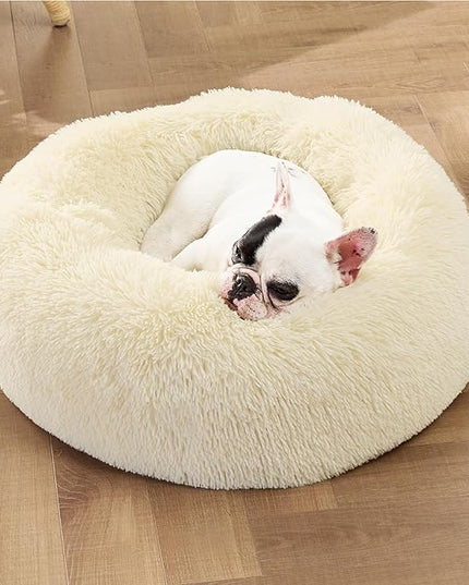 Bedsure Calming Dog Bed for Small Dogs - Donut Washable Small Pet Bed, Round Anti-Slip Fluffy Plush Faux Fur Large Cat Bed, Fits up to 25 lbs Pets, Oat Milk, 23 inches BEDSURE