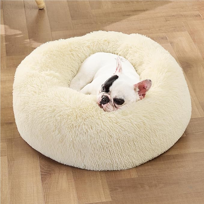 Bedsure Calming Dog Bed for Small Dogs - Donut Washable Small Pet Bed, Round Anti-Slip Fluffy Plush Faux Fur Large Cat Bed, Fits up to 25 lbs Pets, Oat Milk, 23 inches BEDSURE