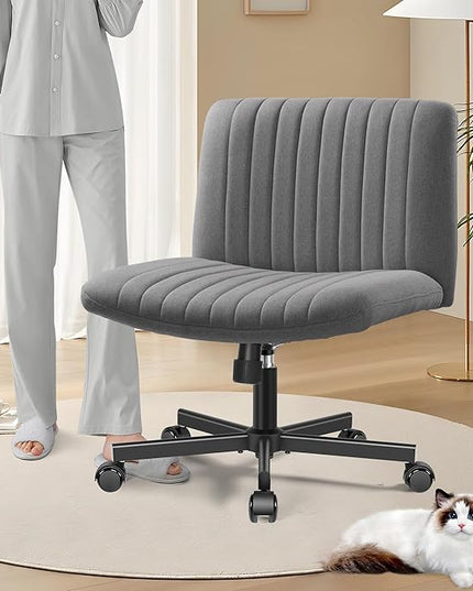 Armless Office Chair with Wheels, Ergonomic Wide Seat Fabric Cross Legged Desk Chair, Swivel Computer Chair for Home Office, Modern Vanity Chair Dark Gray - LeafyLoom