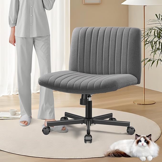 Armless Office Chair with Wheels, Ergonomic Wide Seat Fabric Cross Legged Desk Chair, Swivel Computer Chair for Home Office, Modern Vanity Chair Dark Gray - LeafyLoom