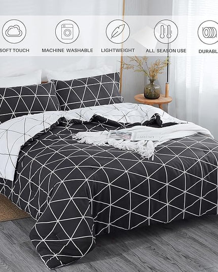 Black & White Comforter Bed in a Bag King for Kids Adults, 3Pcs Reversible Geometric Bedding Set with 2 Pillow Shams for All Seasons (King,104x90inches) - LeafyLoom