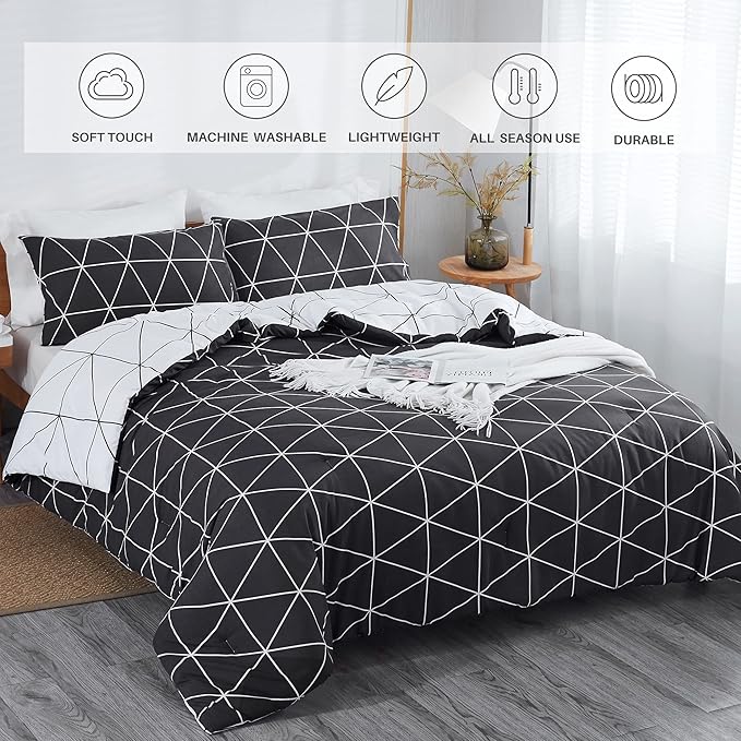 Black & White Comforter Bed in a Bag King for Kids Adults, 3Pcs Reversible Geometric Bedding Set with 2 Pillow Shams for All Seasons (King,104x90inches) - LeafyLoom