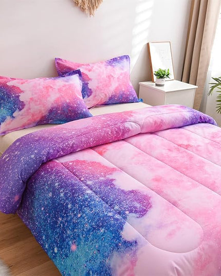 A Nice Night Galaxy Bedding Sets Outer Space Comforter 3D Printed Space Quilt Set King Size Glitter Pink Color,for Children Boy Girl Teen Kids - LeafyLoom