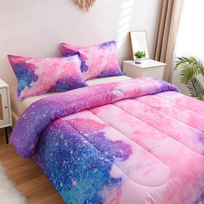 A Nice Night Galaxy Bedding Sets Outer Space Comforter 3D Printed Space Quilt Set King Size Glitter Pink Color,for Children Boy Girl Teen Kids - LeafyLoom