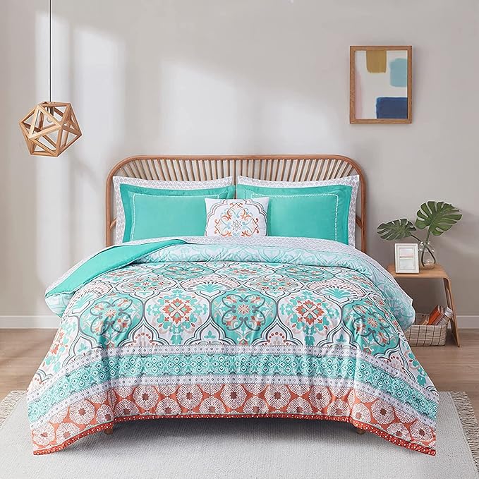 Degrees of Comfort Boho Bed in a Bag Queen Size, Lattice 8 Piece Complete Comforter Set with Sheet for Teenage Girl, Microfiber Teal Bedding Set with Side Pockets, Matching Decorative Pillow, Aqua - LeafyLoom